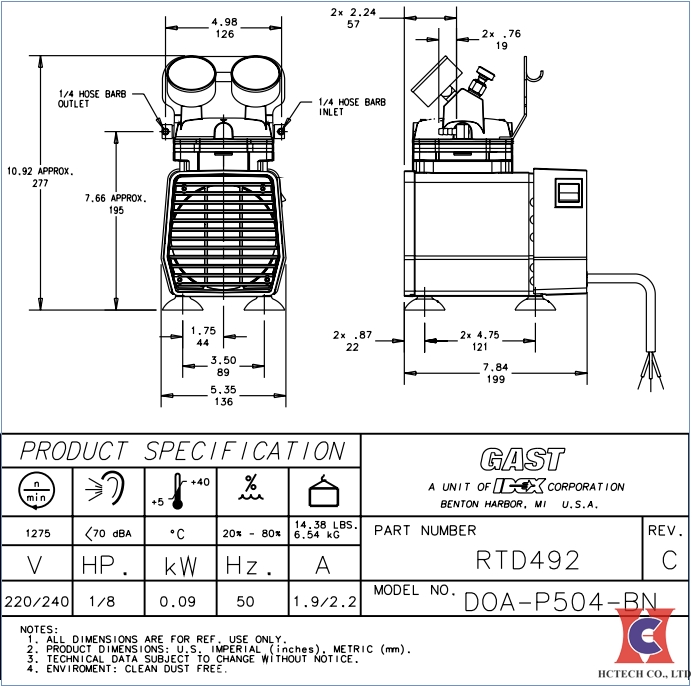 Thông số kỹ thuật của máy bơm chân không Gast DOA 504P BN