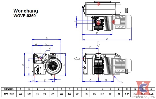 Bản vẽ kích thước của máy bơm hút chân không Wonchang WOVP 350