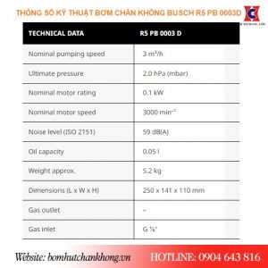Thông số kỹ thuật bơm chân không Busch PB 0003D