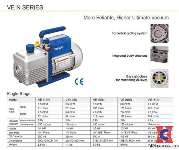 Thông số kỹ thuật của bơm chân không Value