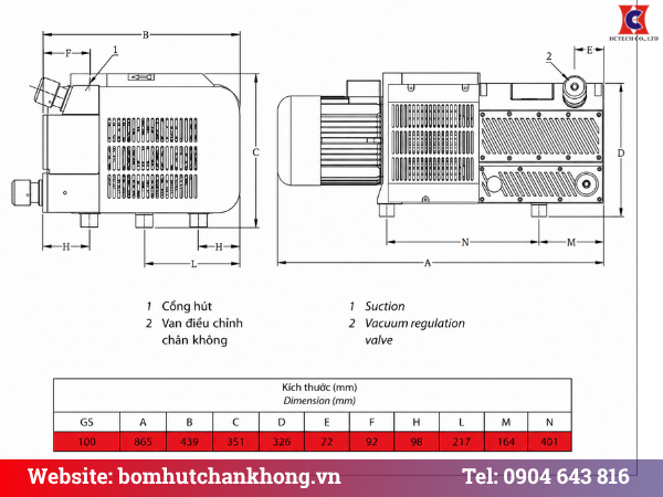 Bản vẽ cấu tạo và kích thước của bơm hút chân không khô GEV GS 100